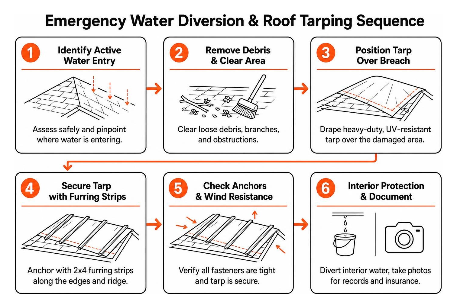 emergency water diversion and roof tarping sequence