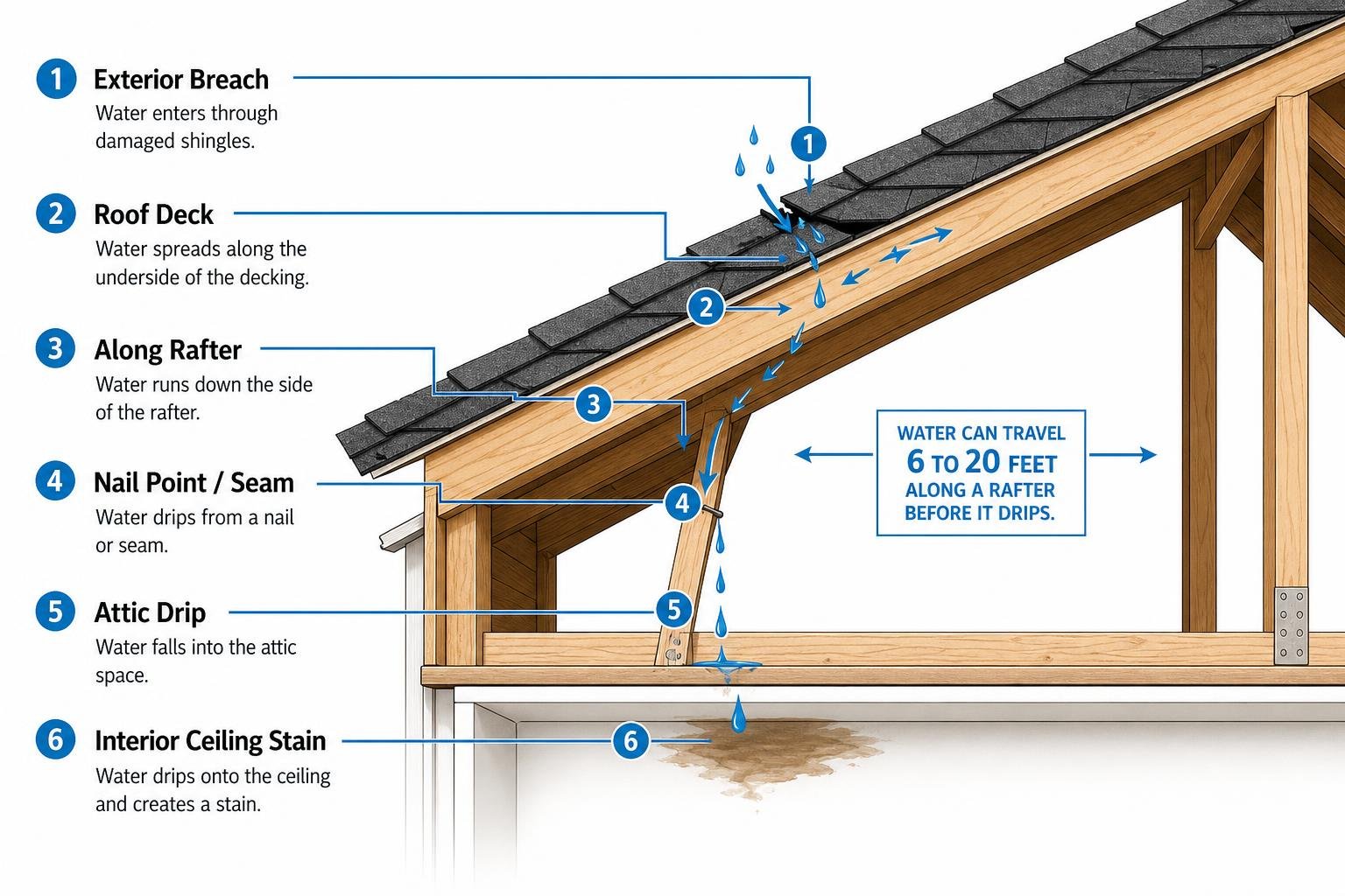 Diagram mapping water path from exterior shingle breach along roof deck and rafter down to interior ceiling stain Diagram mapping water path from exterior shingle breach along roof deck and rafter down to interior ceiling stain