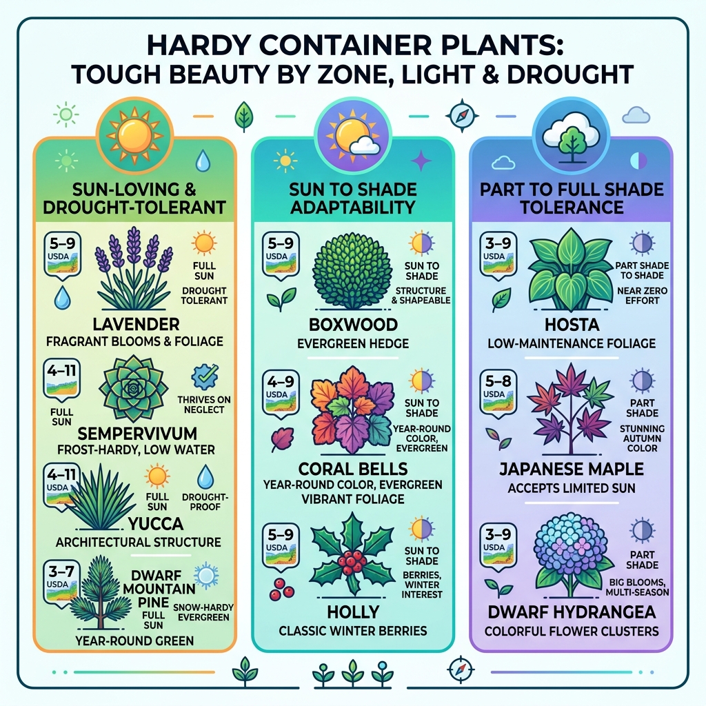 infographic showing hardy container plants by zone, light level, and drought tolerance - hardy plants for pots for outdoors