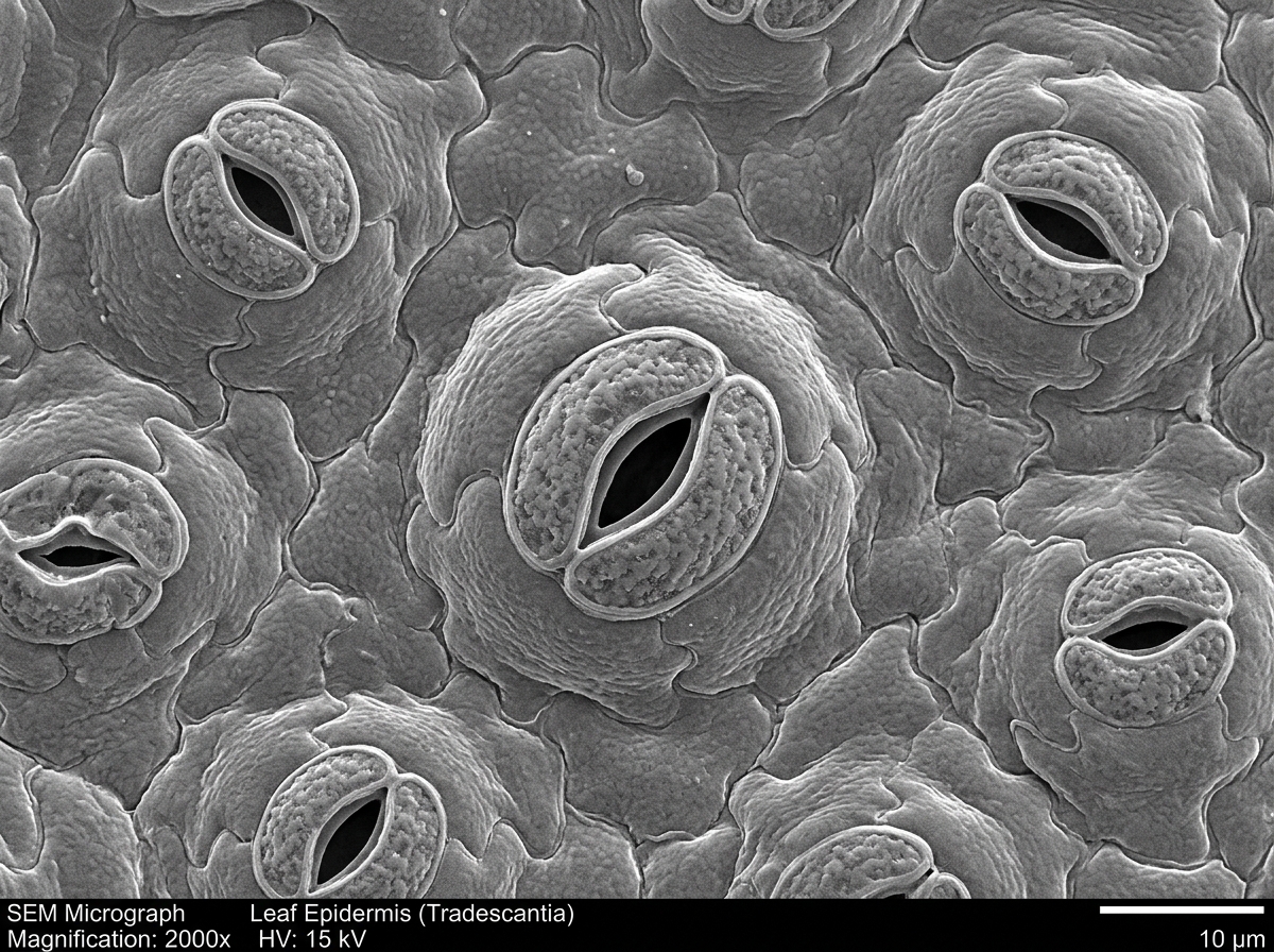 plant stomata under a microscope showing tiny pores for gas exchange - air purifier plants name
