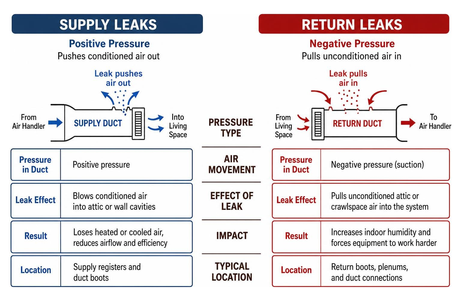 Comparison diagram showing air intake and pressure dynamics between supply and return duct leaks