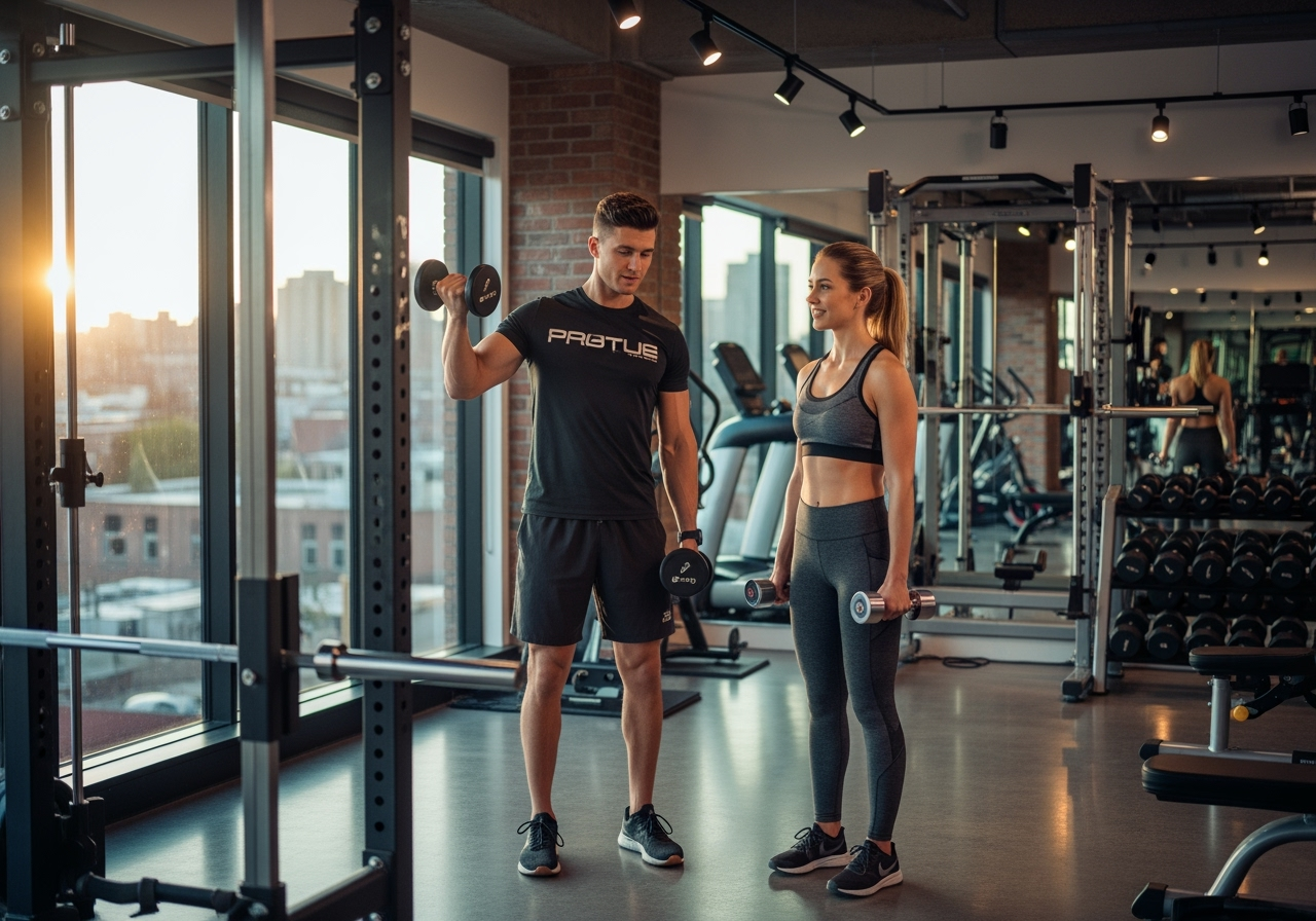 A personal trainer guiding a client through an exercise in a private studio setting - Fitness studio for rent