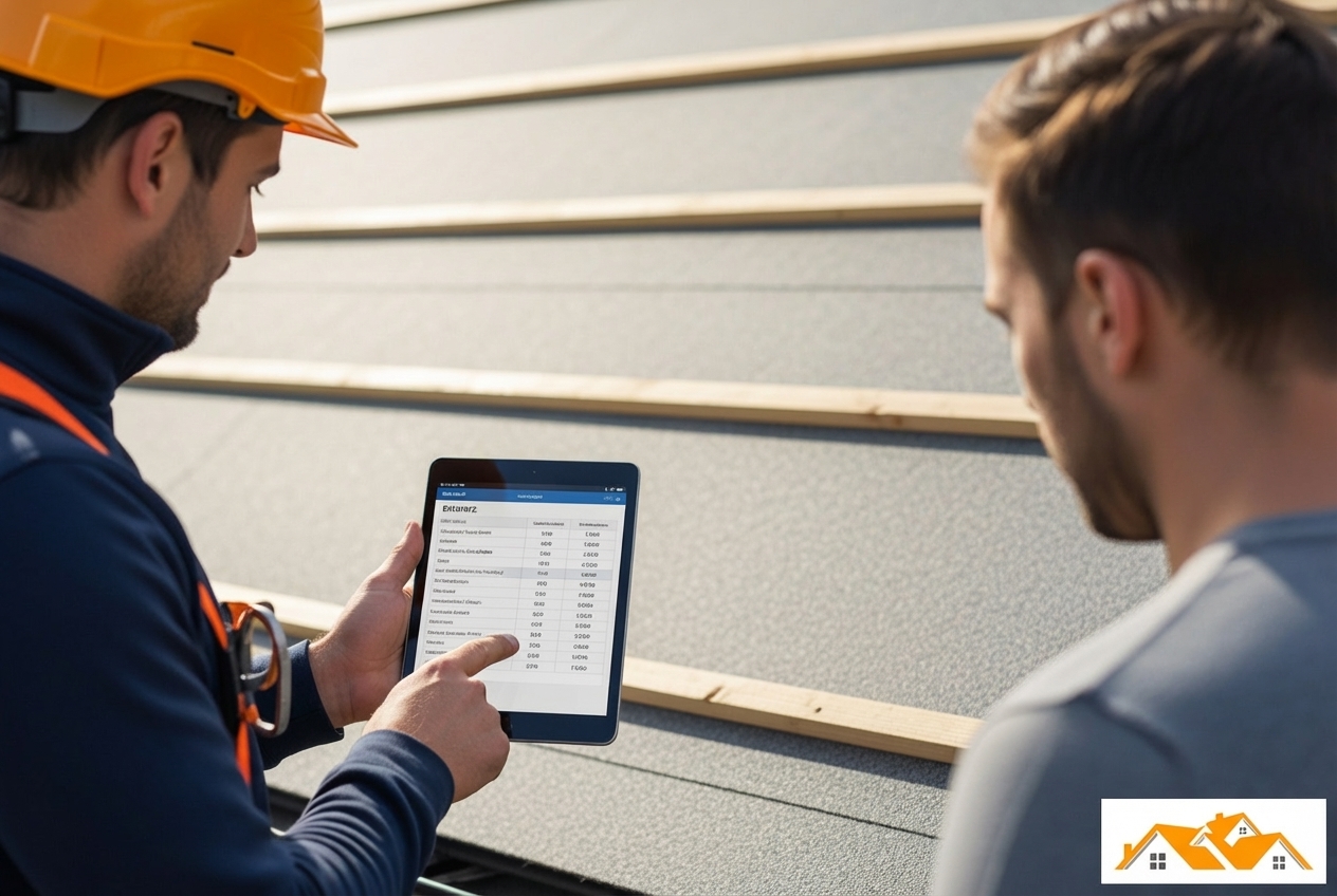 A professional roofer wearing a safety harness and hard hat, providing a detailed written estimate to a homeowner on a tablet, while standing next to a house with a felt roof - felt roofer near me