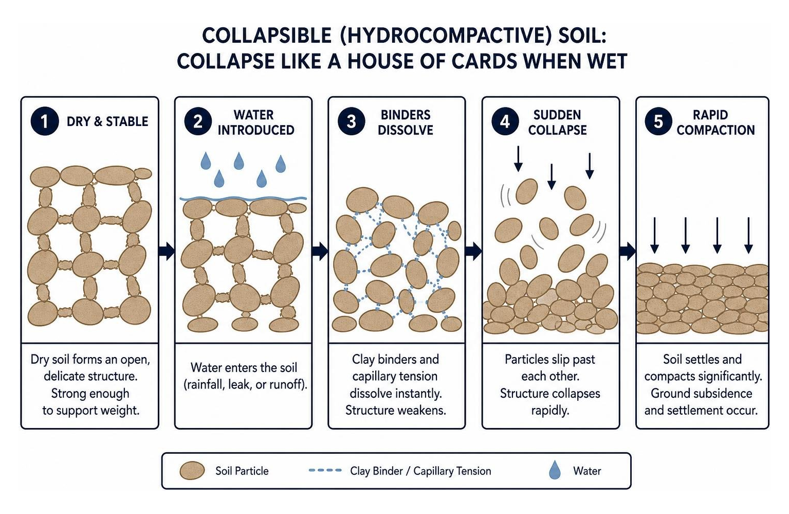 diagram showing hydrocompactive soil collapsing like a house of cards when wet diagram showing hydrocompactive soil collapsing like a house of cards when wet