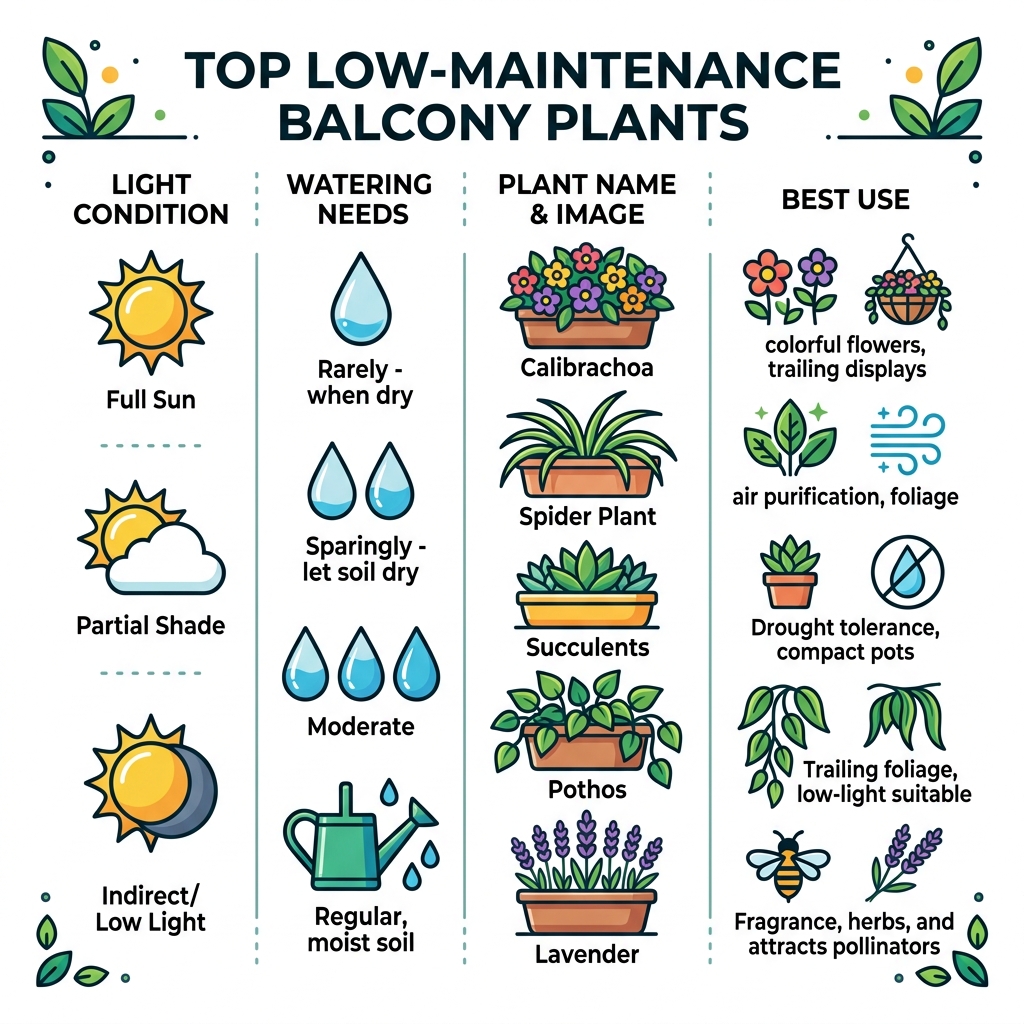 Infographic showing top low-maintenance balcony plants by light condition, watering needs, and best use - low maintenance