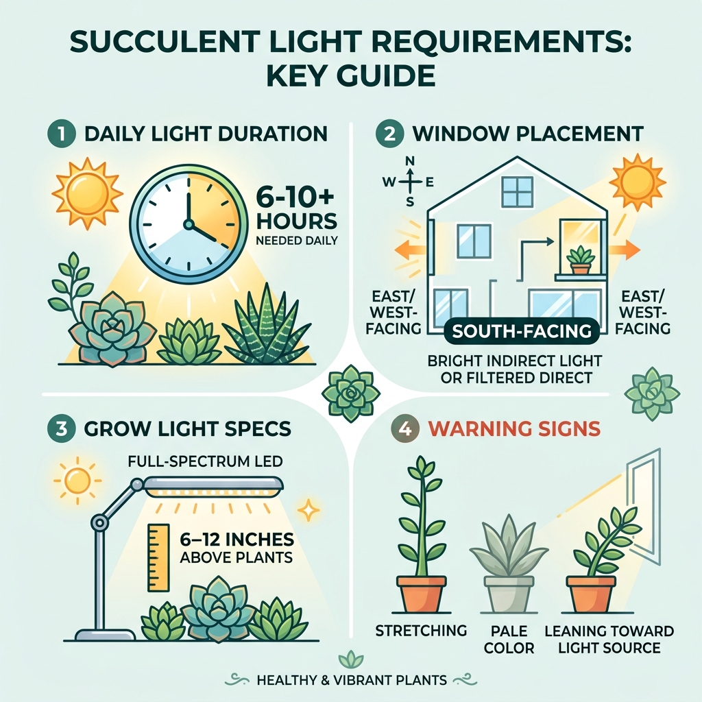 Succulent light requirements infographic: hours needed, window placement, grow light specs, and warning signs - light for