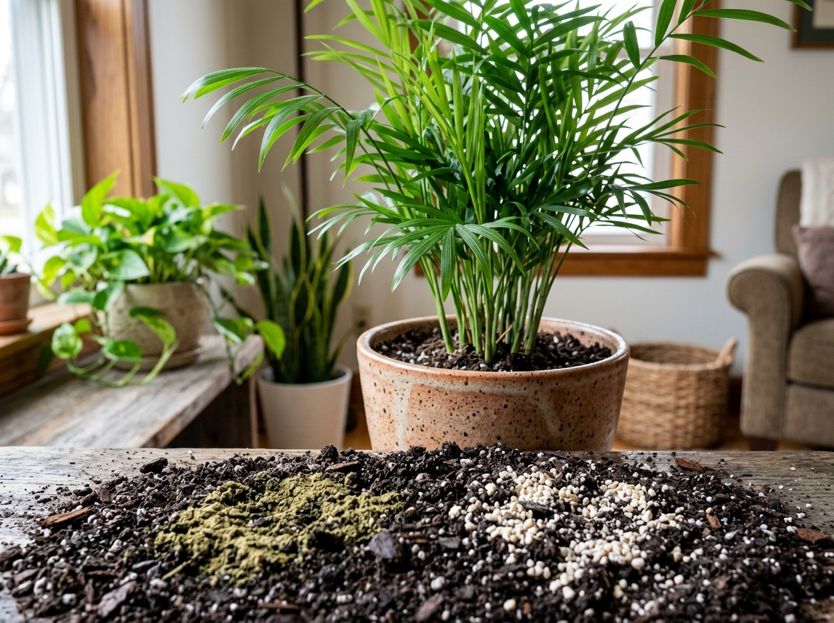 Organic fertilizer amendments like seaweed extract and bone meal for indoor palms - parlour palm fertilizer