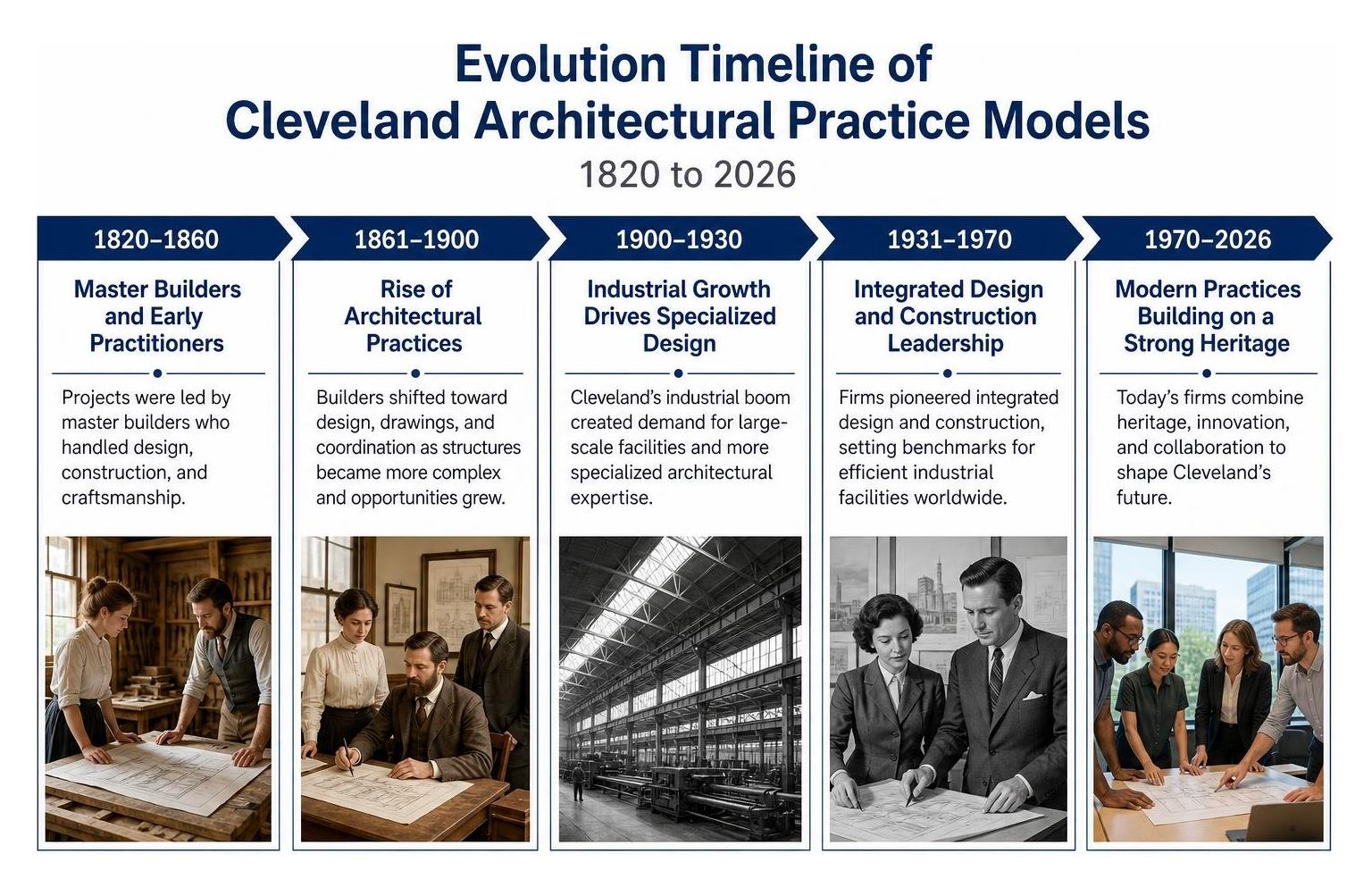 Evolution timeline of Cleveland architectural practice models from 1820 to 2026 Evolution timeline of Cleveland architectural practice models from 1820 to 2026