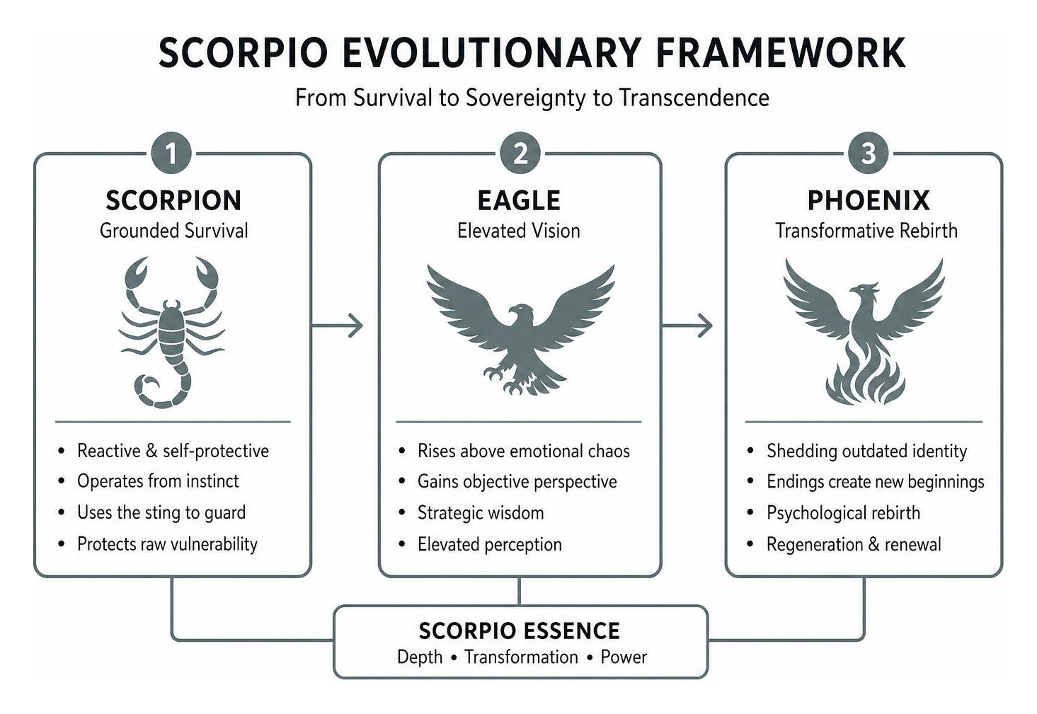 Evolutionary stages of Scorpio: scorpion, eagle, and phoenix transformation framework Evolutionary stages of Scorpio: scorpion, eagle, and phoenix transformation framework