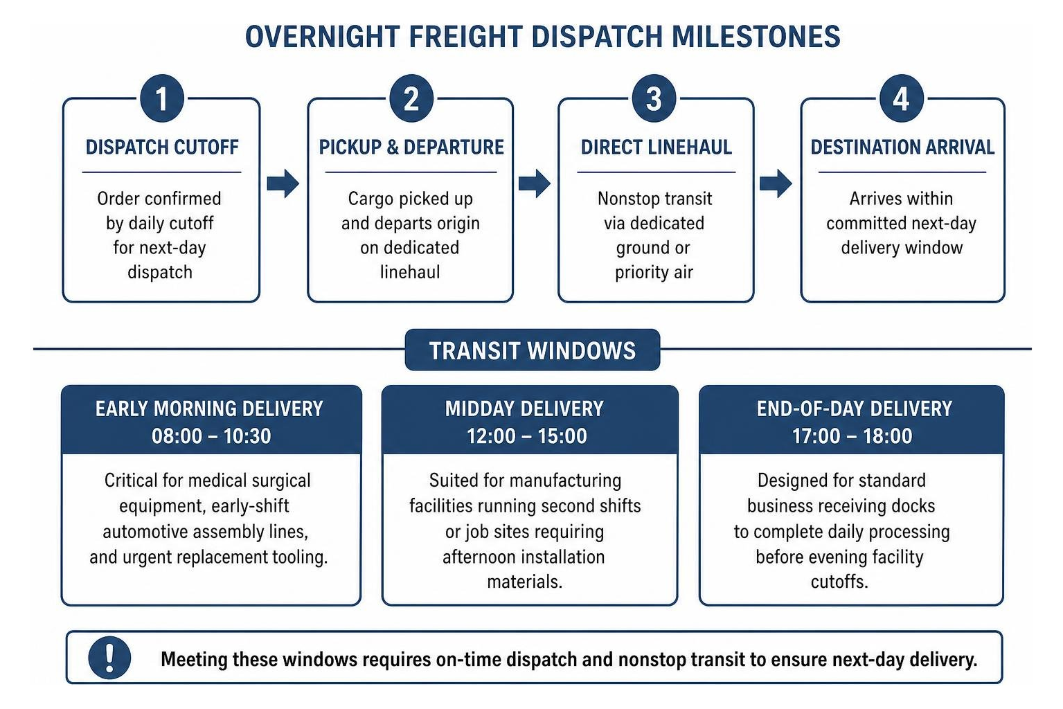 Diagram showing overnight freight dispatch milestones and transit windows Diagram showing overnight freight dispatch milestones and transit windows