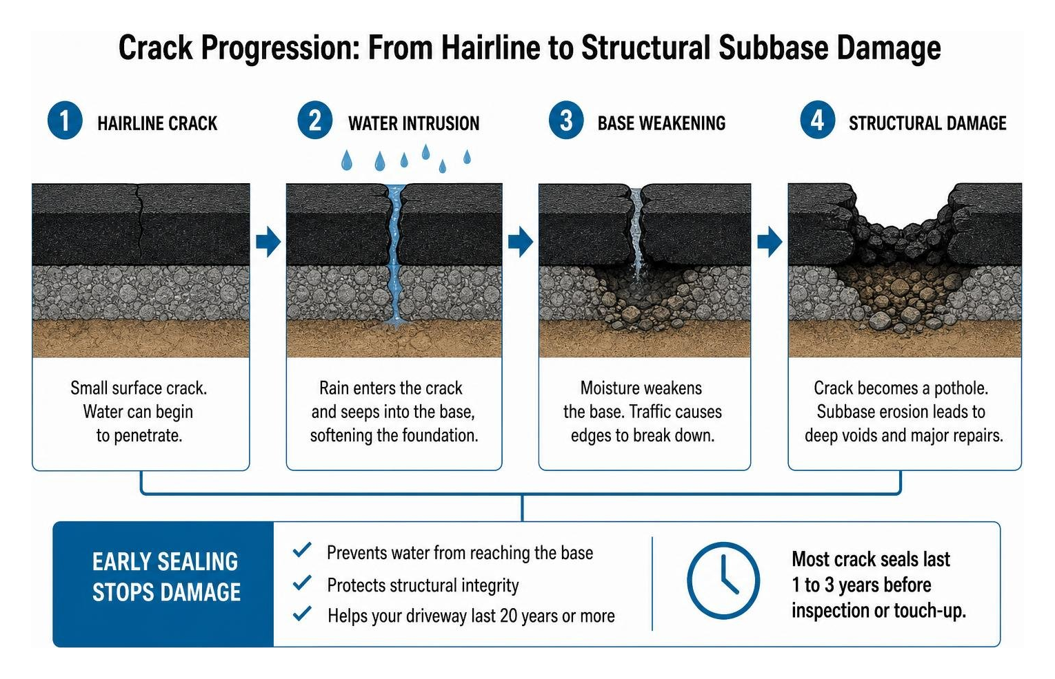 Crack progression from hairline to structural subbase damage Crack progression from hairline to structural subbase damage