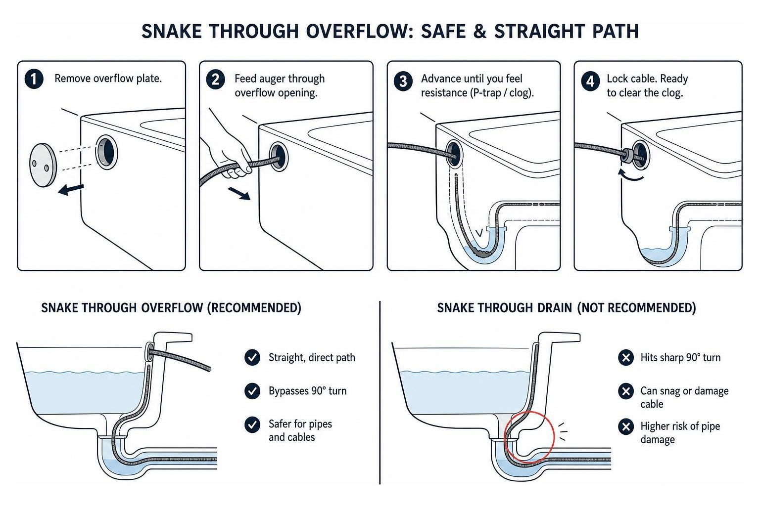 Feeding a hand auger safely through the bathtub overflow opening to bypass the sharp drain turn