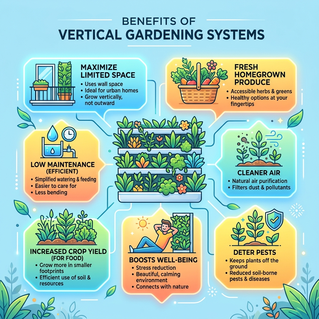 Benefits of vertical gardening systems infographic - vertical garden planters diy infographic 