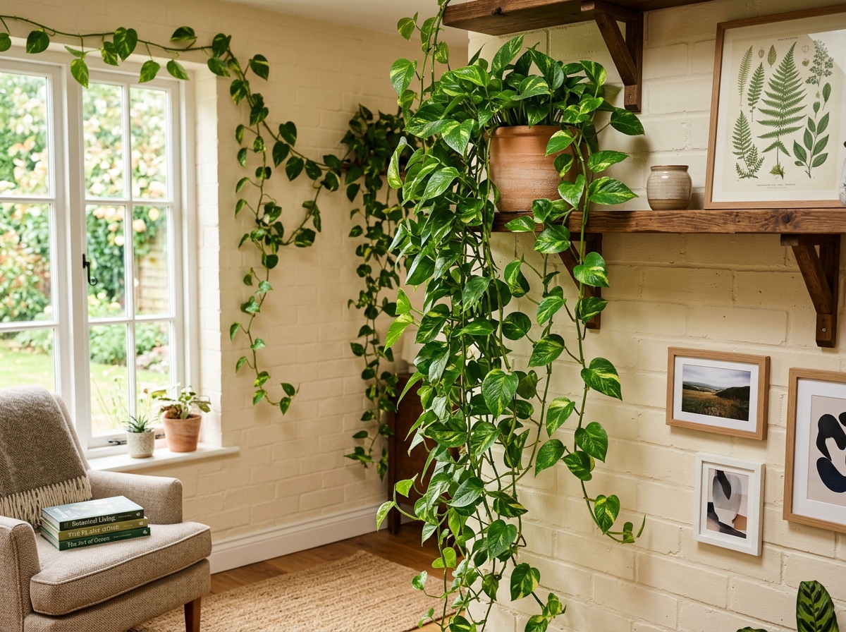 A lush Golden Pothos trailing from a high shelf in a sunlit room - best indoor hanging plants A lush Golden Pothos trailing from a high shelf in a sunlit room - best indoor hanging plants