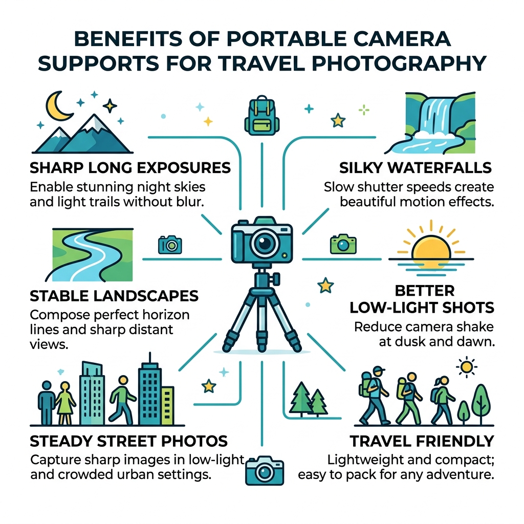 Benefits of portable camera supports for travel photography infographic - travel friendly camera supports infographic 