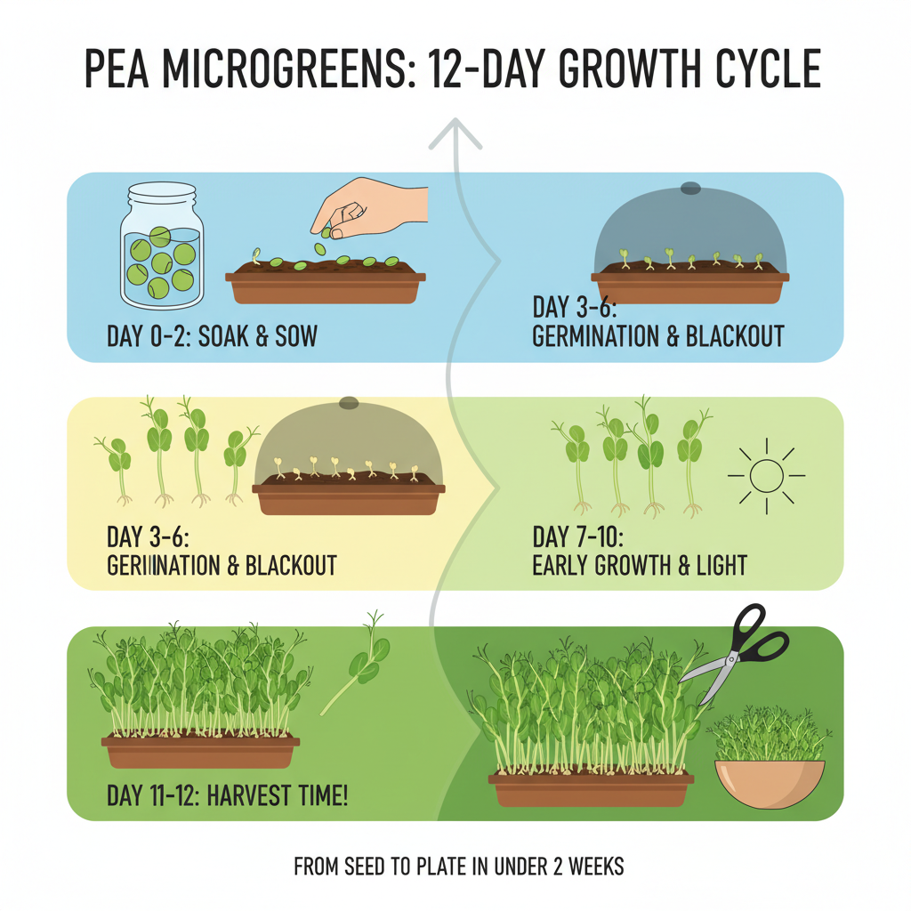 12-day growth cycle of pea microgreens from seed to harvest infographic - pea microgreen seeds infographic 
