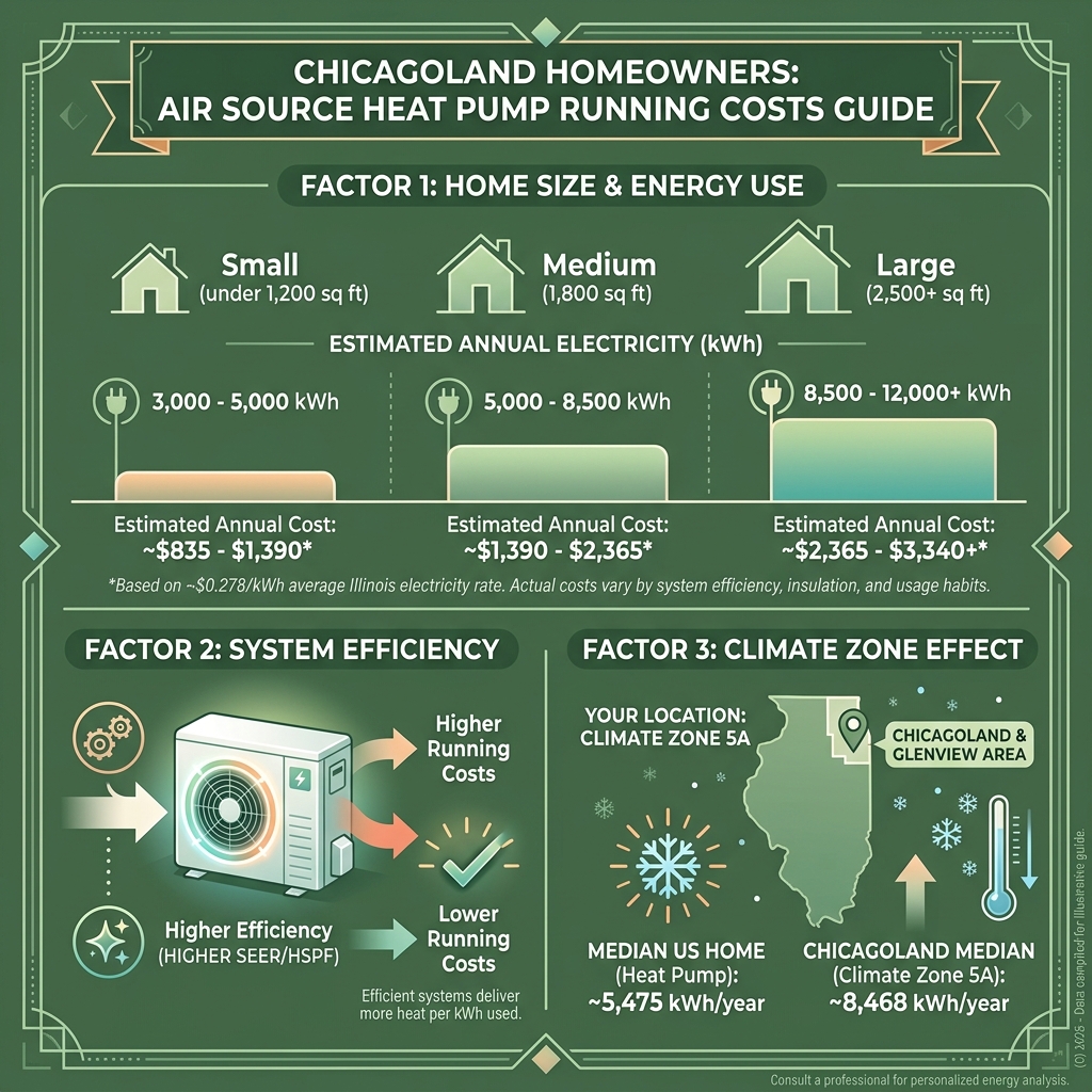 Infographic showing air source heat pump energy usage by home size, efficiency, and climate zone for Chicagoland homeowners