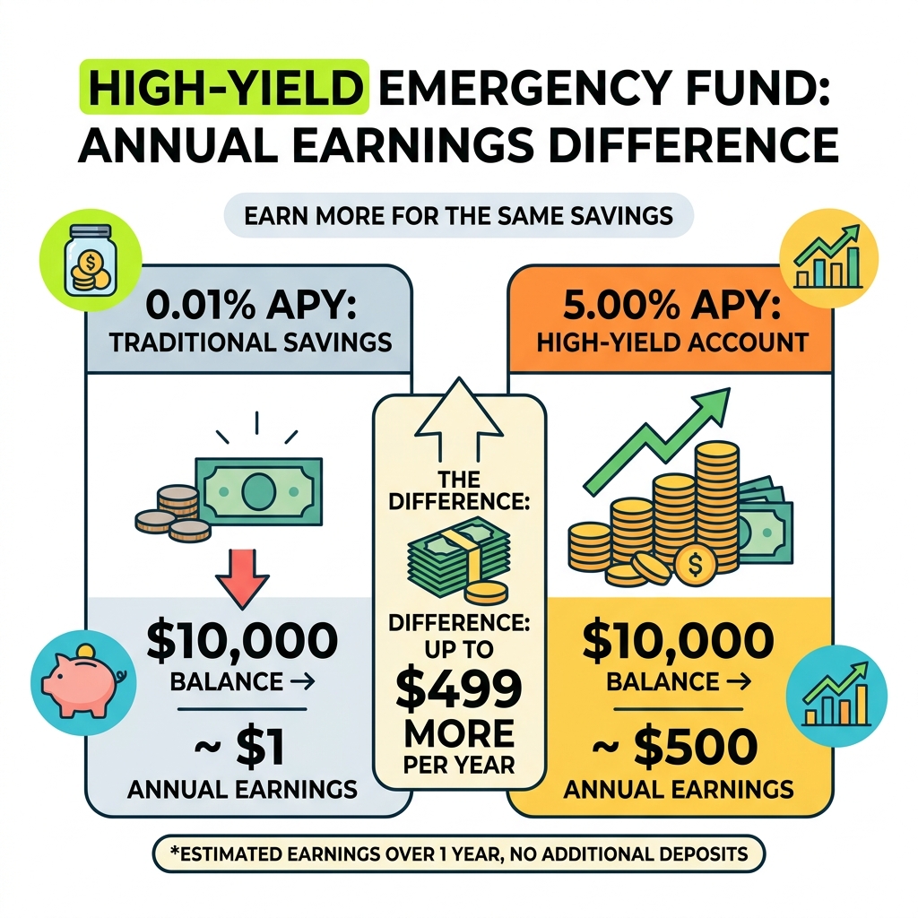 Infographic comparing 0.01% vs 5.00% APY on emergency fund balances with annual earnings difference - high yield emergency