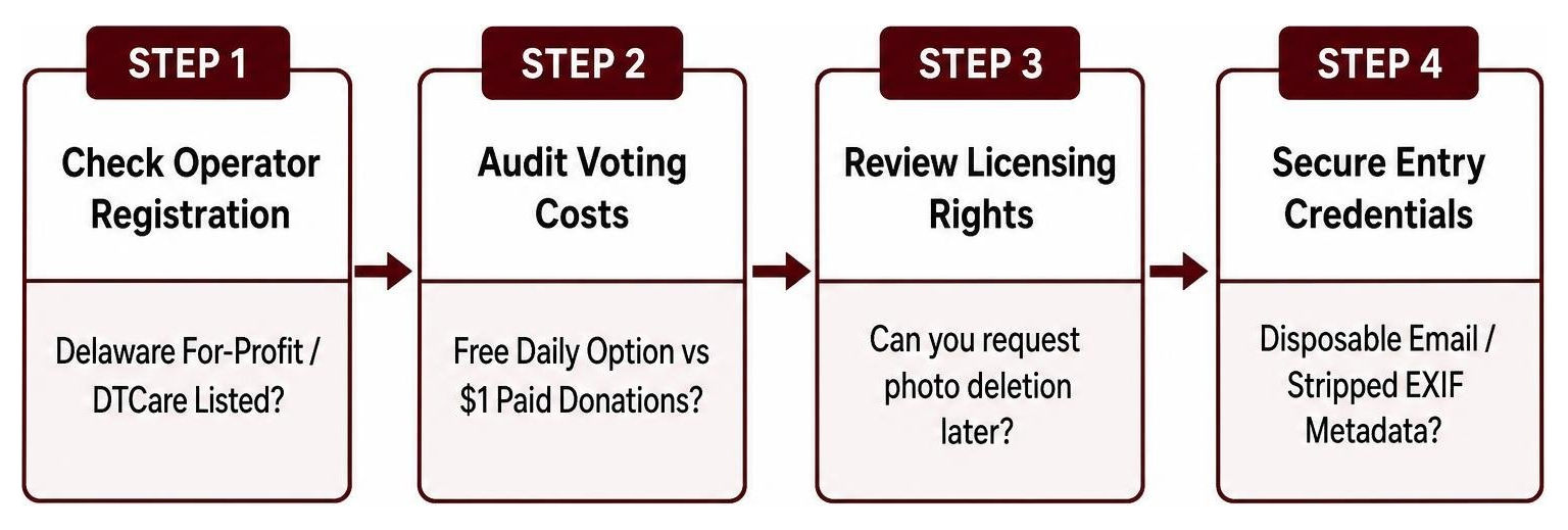 Decision pipeline detailing the four verification steps before entering an online baby competition Decision pipeline detailing the four verification steps before entering an online baby competition