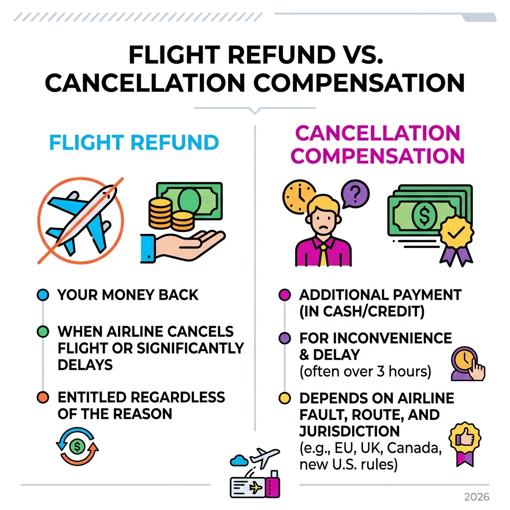 Infographic showing the difference between a flight refund and flight cancellation compensation - flight cancellation claim Infographic showing the difference between a flight refund and flight cancellation compensation - flight cancellation claim