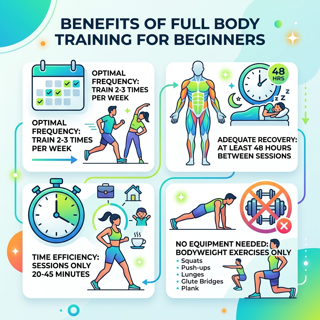 Benefits of full body training for beginners: frequency, muscle recovery, time efficiency, no equipment - at home full body