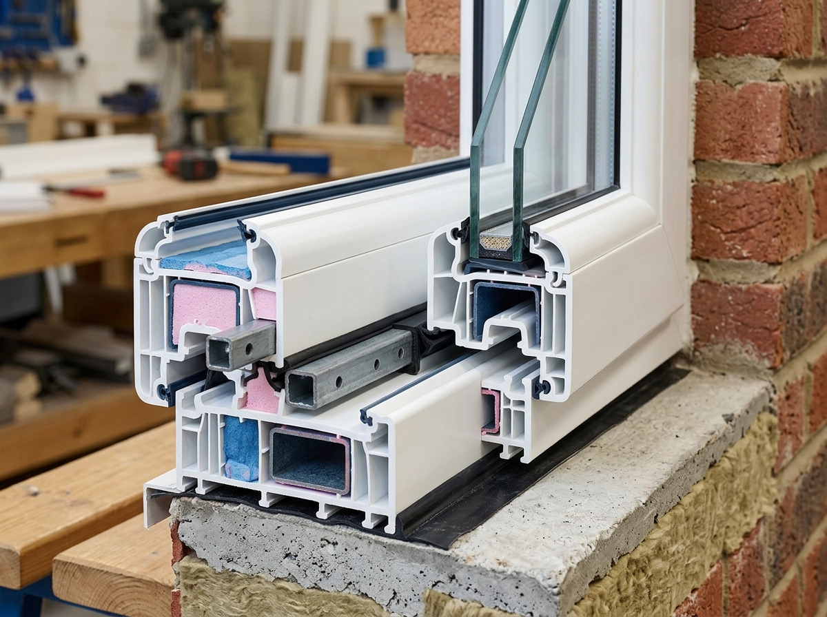 Cross-section of a multi-chambered uPVC window frame showing insulation layers - drafty upvc windows