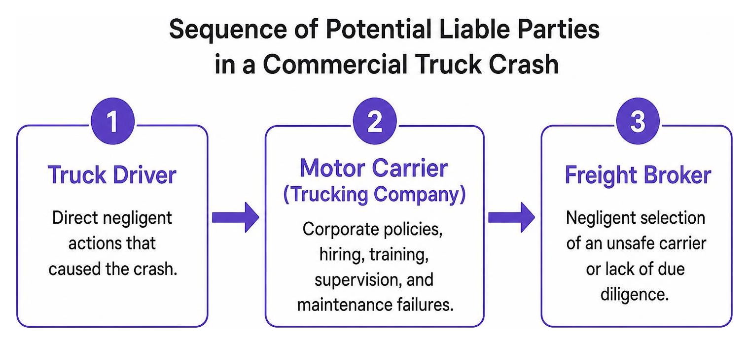 Sequence of potential liable parties in a commercial truck crash