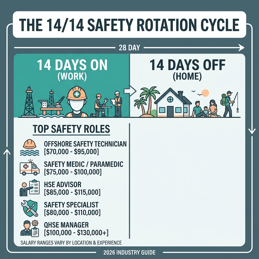 Infographic showing the 14 days on / 14 days off rotation cycle with top safety roles and salary ranges - 14 14 safety jobs Infographic showing the 14 days on / 14 days off rotation cycle with top safety roles and salary ranges - 14 14 safety jobs