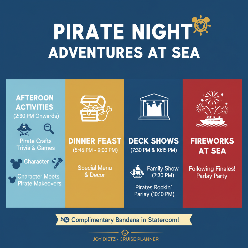 Disney Cruise Pirate Night timeline infographic showing afternoon activities, dinner, deck shows, and fireworks - Disney Disney Cruise Pirate Night timeline infographic showing afternoon activities, dinner, deck shows, and fireworks - Disney