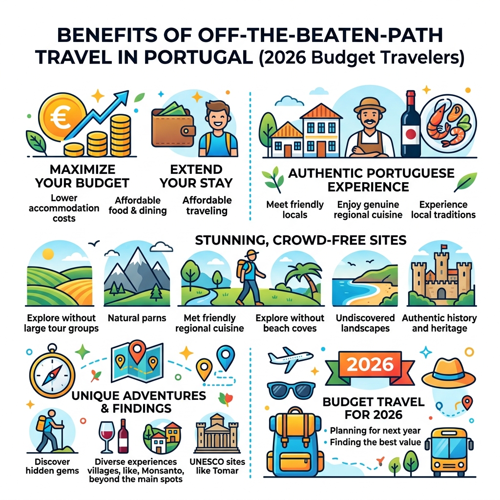 Benefits of off-the-beaten-path travel in Portugal for 2026 budget travelers - affordable hidden gems portugal infographic Benefits of off-the-beaten-path travel in Portugal for 2026 budget travelers - affordable hidden gems portugal infographic