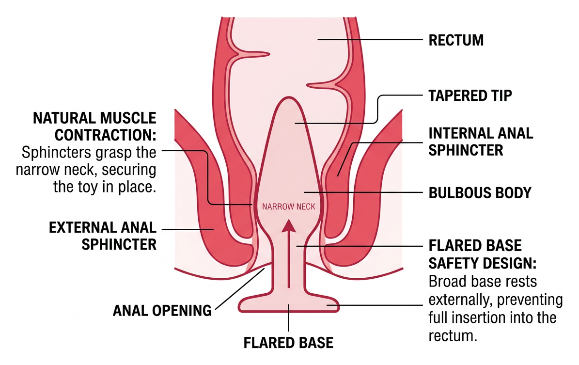 Anal anatomy showing sphincter placement and flared base safety design