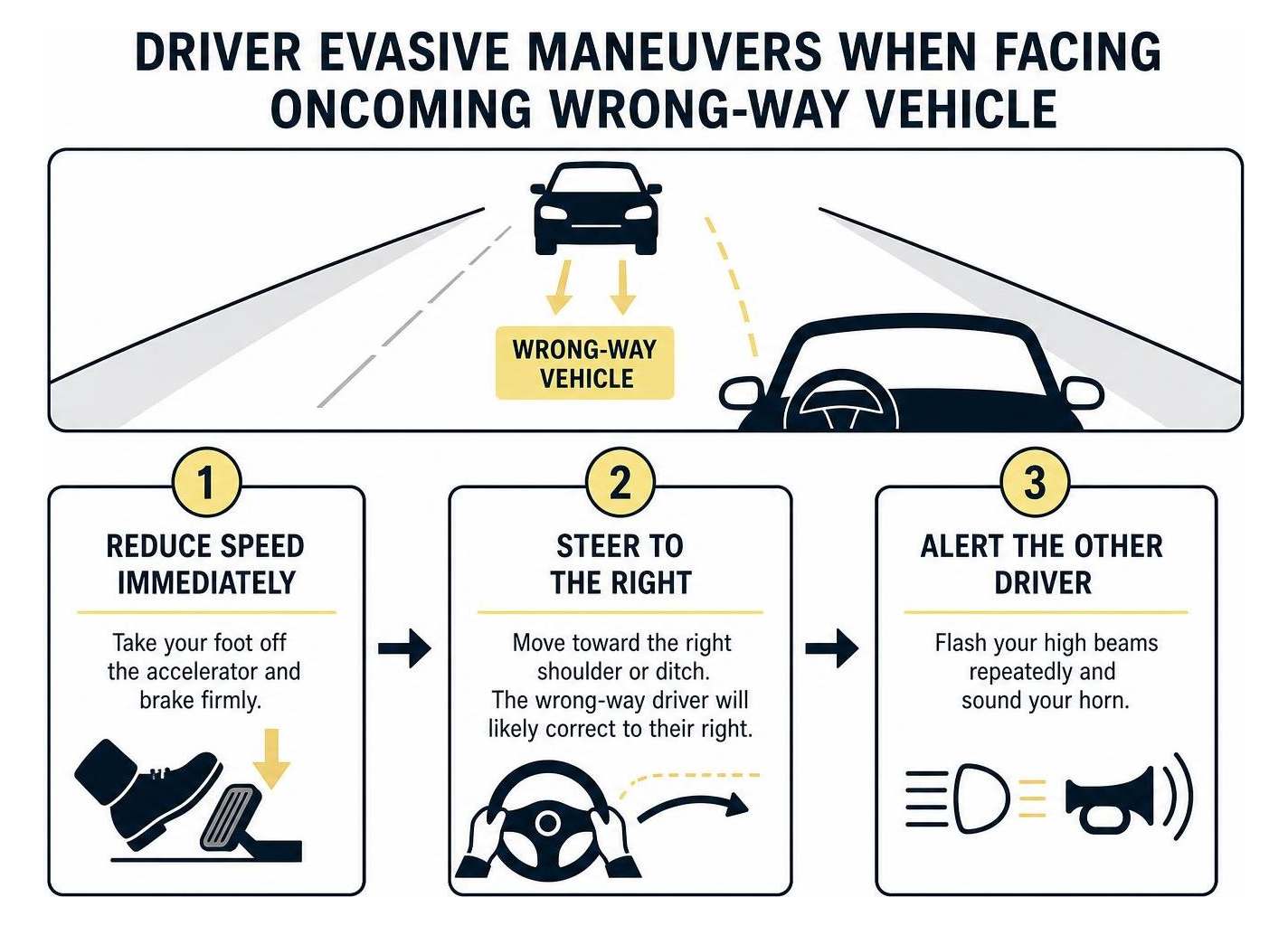 Diagram of driver evasive maneuvers when facing oncoming wrong-way vehicle