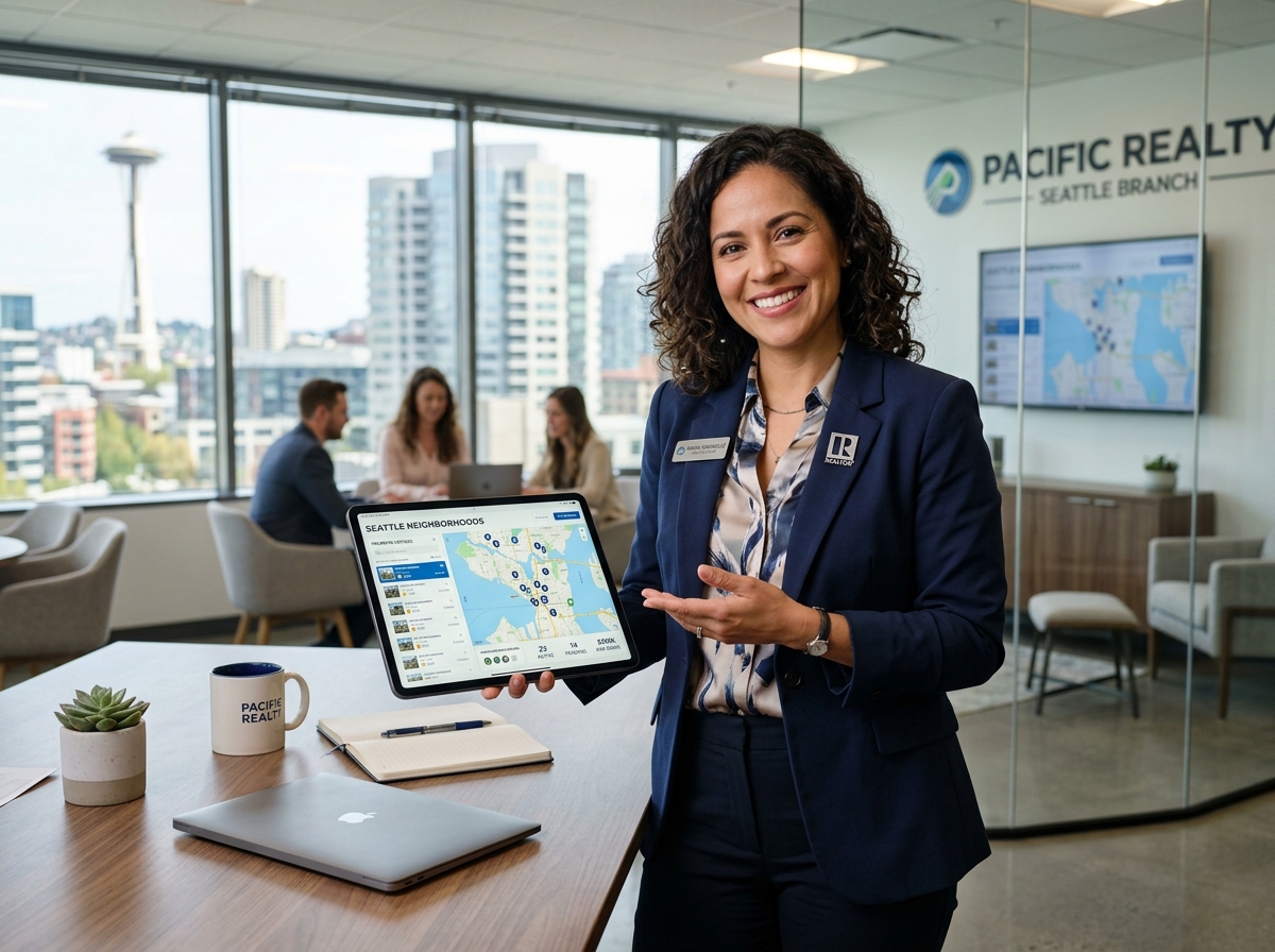 A Realtor using a mobile tablet for property data - real estate technology and app development