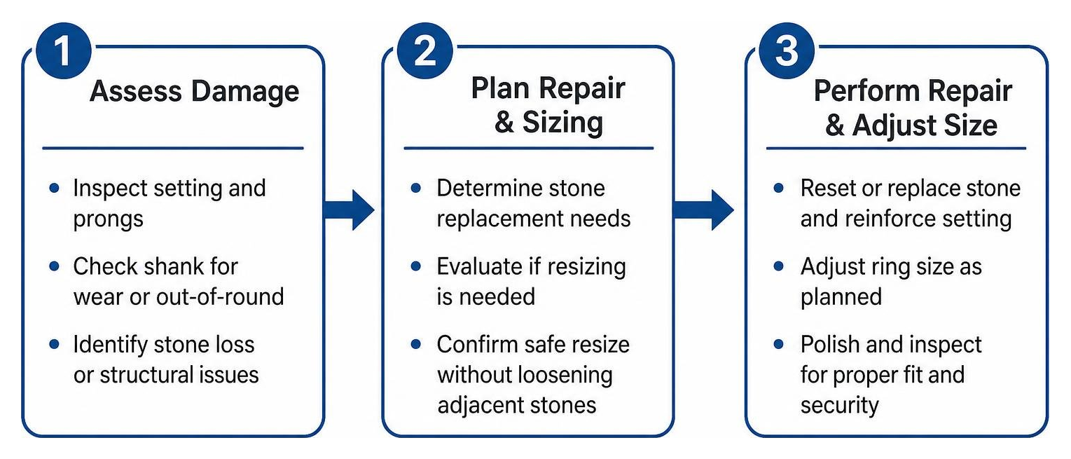 Evaluating ring repair and sizing steps