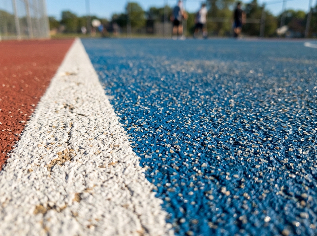 Close-up of a textured basketball court surface showing the silica sand granules for non-slip grip - acrylic paint for Close-up of a textured basketball court surface showing the silica sand granules for non-slip grip - acrylic paint for