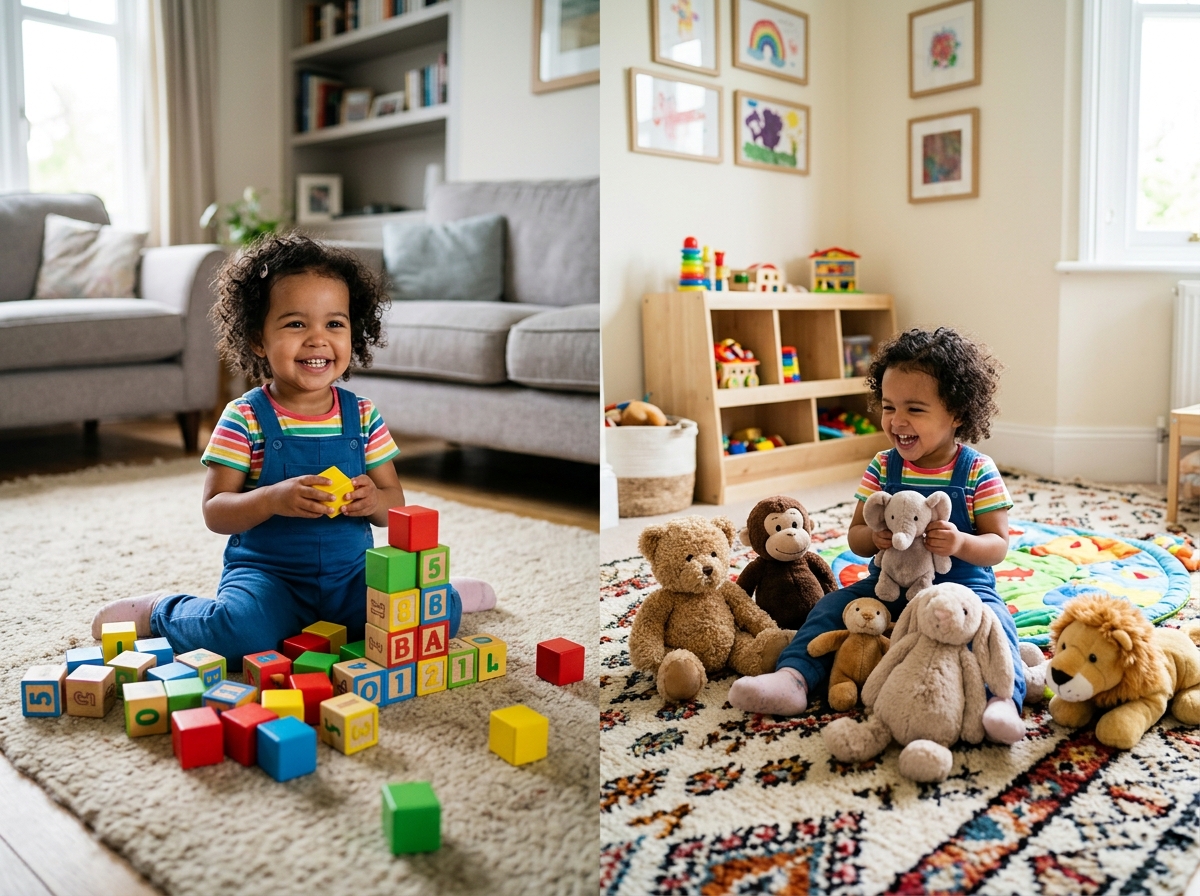 A toddler playing with two different sets of toys in two different homes - co parenting schedule ideas A toddler playing with two different sets of toys in two different homes - co parenting schedule ideas