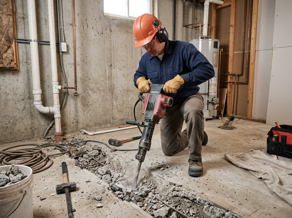 plumber using jackhammer to break concrete floor for slab leak repair