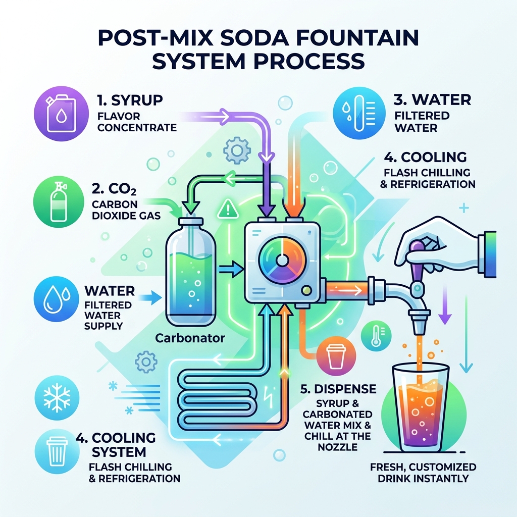 Post-mix soda fountain system process infographic showing syrup, CO2, water, and dispense steps - rent soda fountain machine