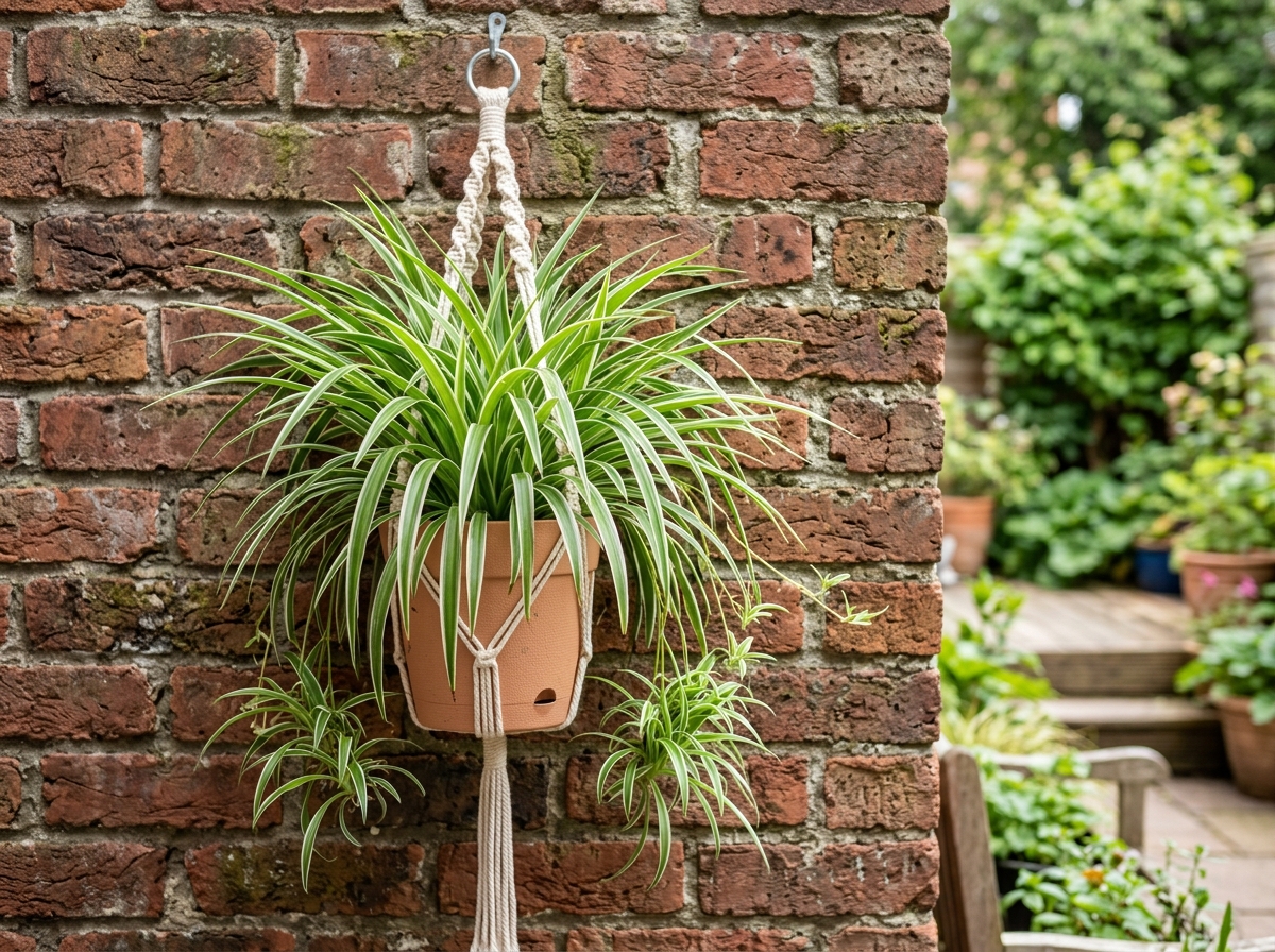Hanging spider plant in a lightweight pot on a brick wall - how to hang plants on brick wall without drilling Hanging spider plant in a lightweight pot on a brick wall - how to hang plants on brick wall without drilling