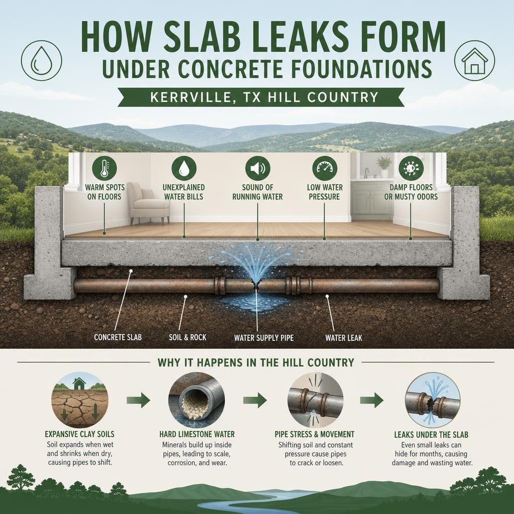 Infographic showing how slab leaks form under concrete foundations in Kerrville TX Hill Country infographic Infographic showing how slab leaks form under concrete foundations in Kerrville TX Hill Country infographic