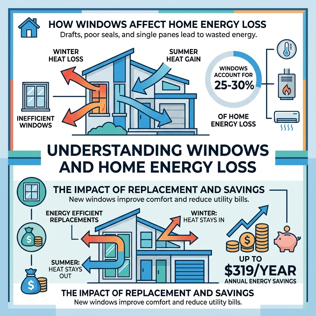 Infographic showing how windows account for 25-30% of home energy loss and annual savings from replacement - window Infographic showing how windows account for 25-30% of home energy loss and annual savings from replacement - window