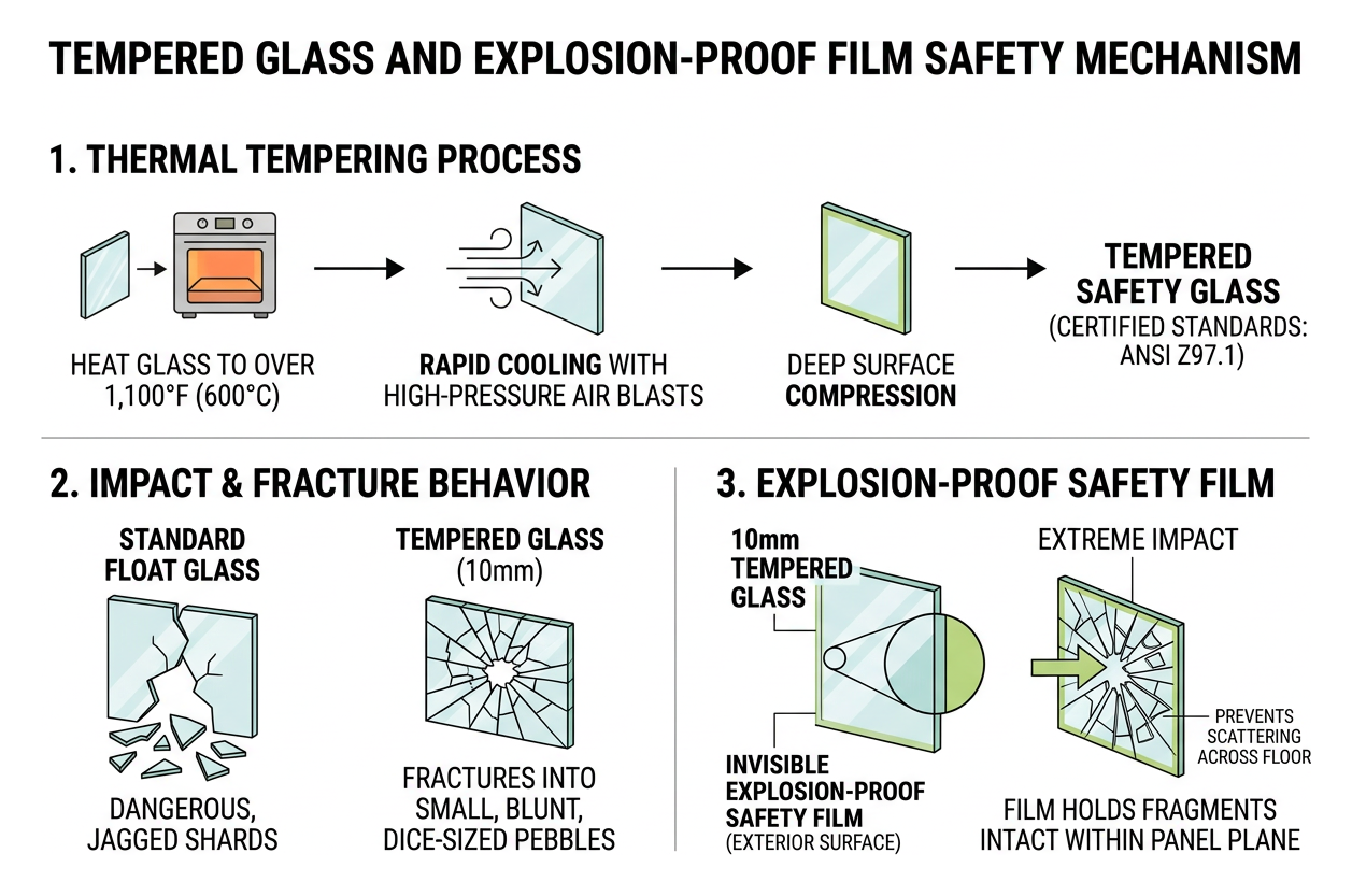 Thermal tempering and explosion-proof film safety mechanism Thermal tempering and explosion-proof film safety mechanism