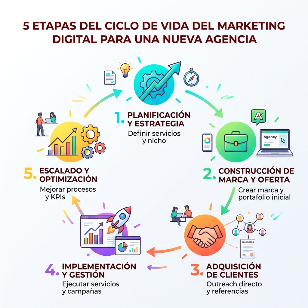 Infographic: 5 stages of the digital marketing lifecycle for a new agency - agencia de marketing infographic Infographic: 5 stages of the digital marketing lifecycle for a new agency - agencia de marketing infographic