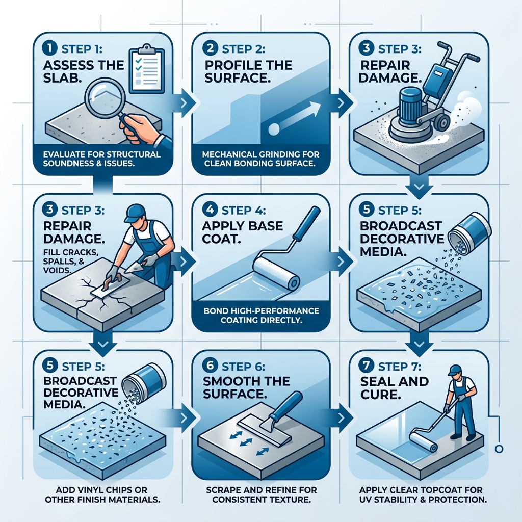 7-step infographic showing the resurfacing concrete process from assessment to final seal coat - resurfacing concrete