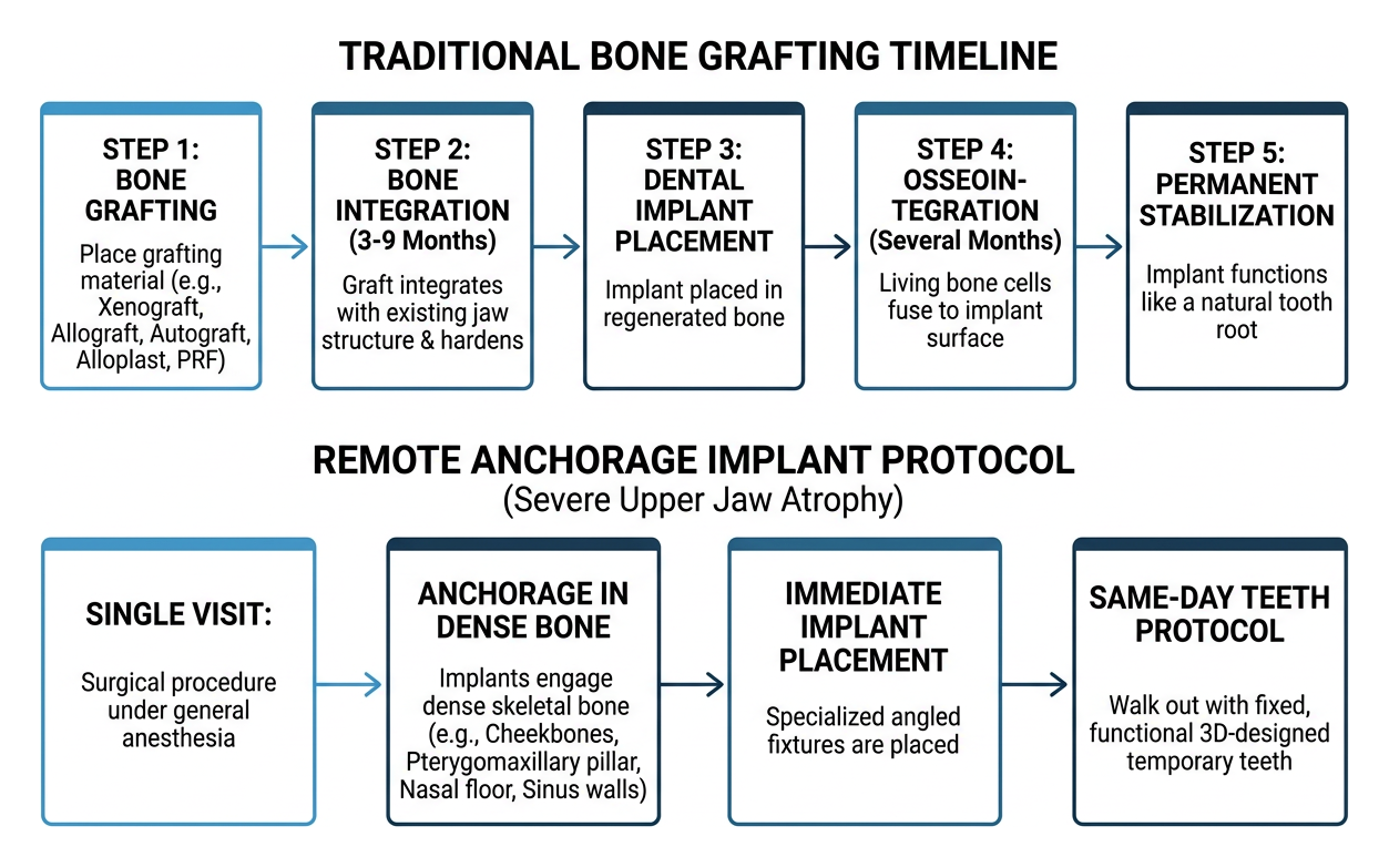 Comparison between full bone grafting timelines and remote anchorage implant protocols