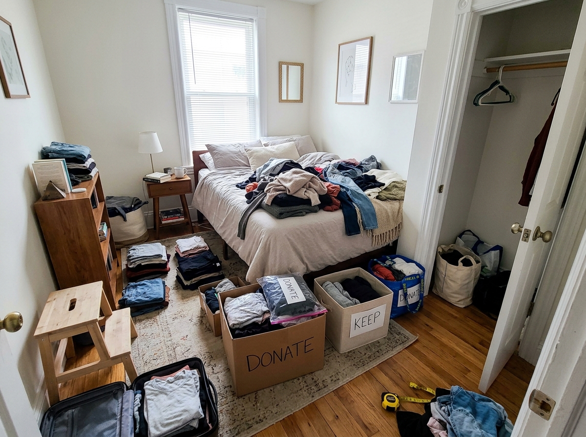 clothing purge and decluttering process in a small bedroom - closet organization small space