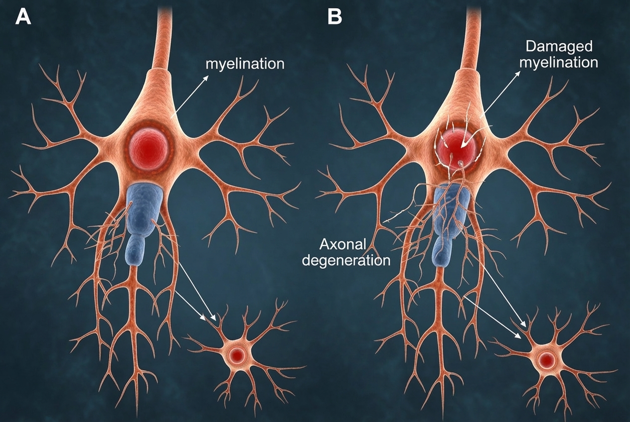 comparing a healthy neuron with its myelin sheath to a damaged neuron showing both demyelination and axonal degeneration - neuropathy caused
