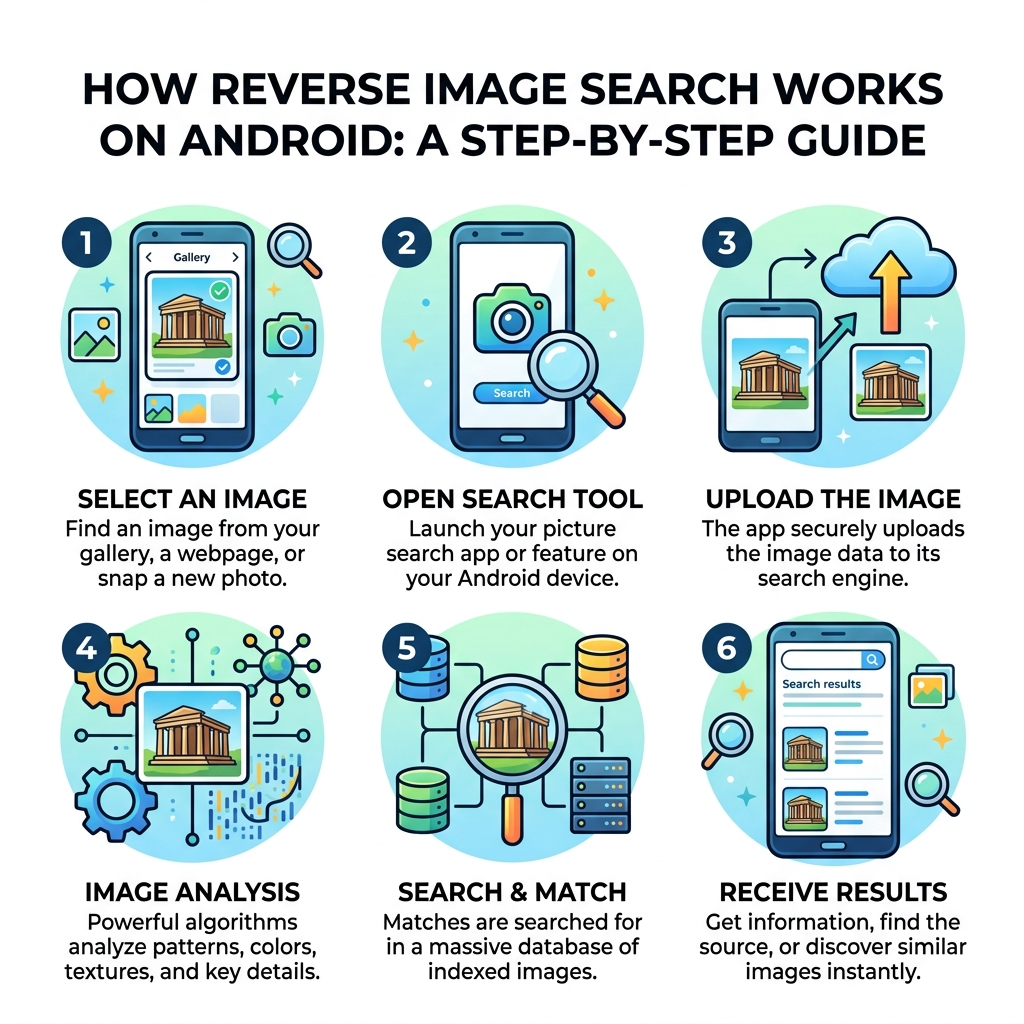 how reverse image search works on Android step by step infographic - picture search app android infographic 