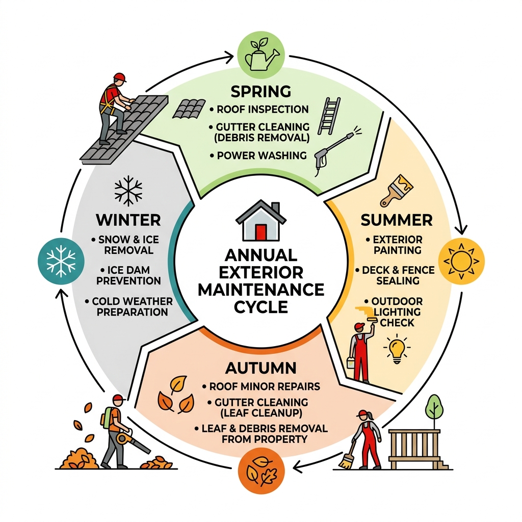 Infographic explaining the annual exterior maintenance cycle - gutter cleaning hendersonville infographic 