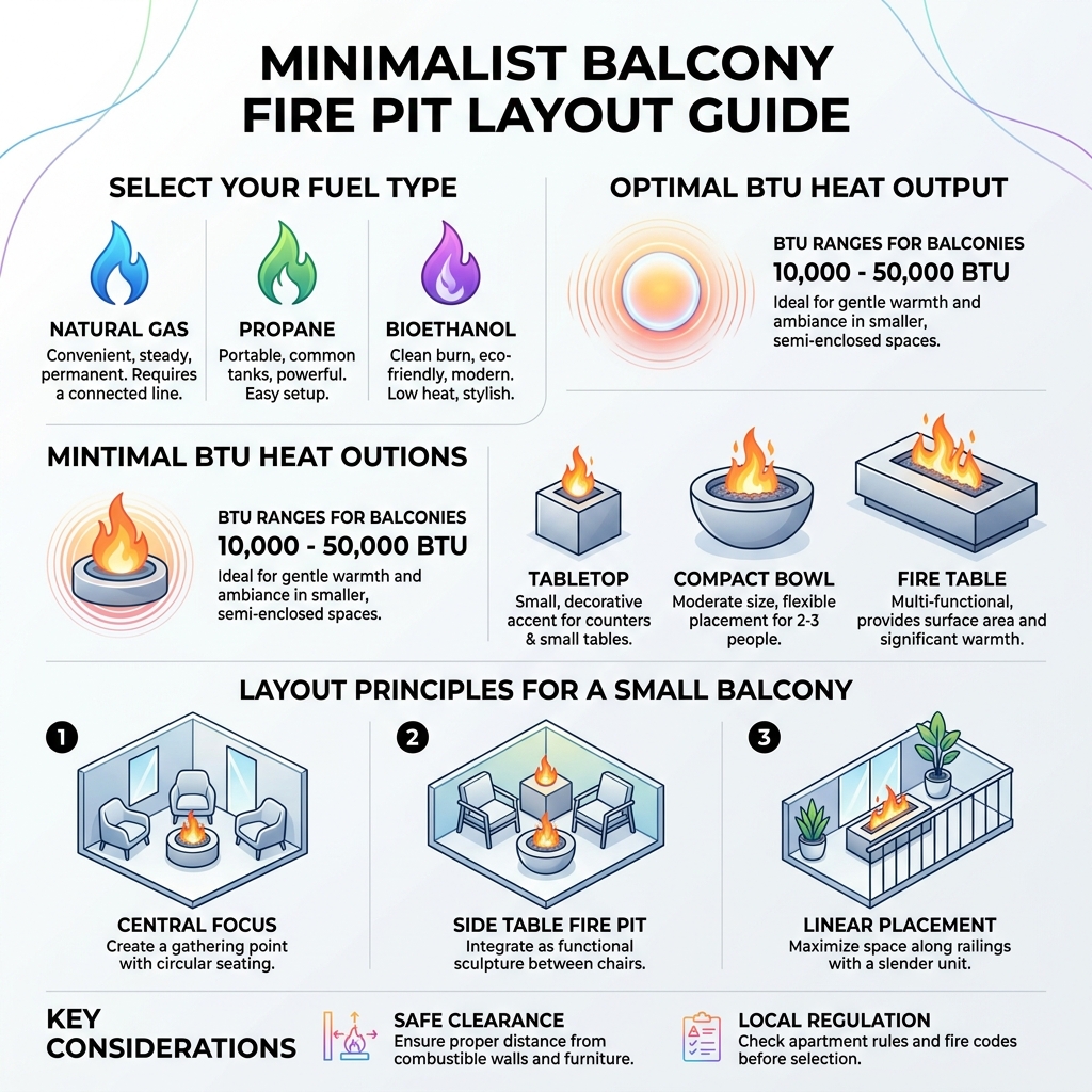 Minimalist balcony fire pit layout guide with fuel types, BTU ranges, and size options - minimalist balcony fire pit